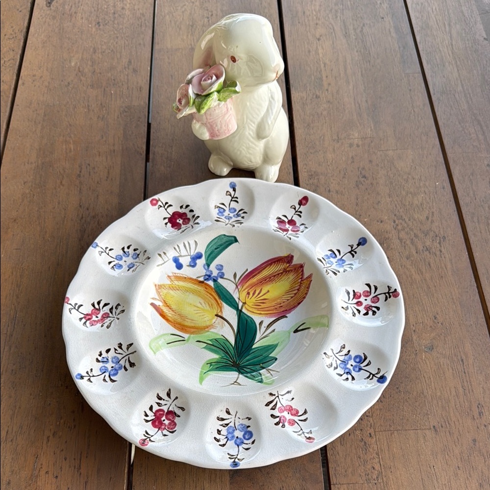 Vintage Ucagco tulips deviled egg plate collectible and the cutest bunny